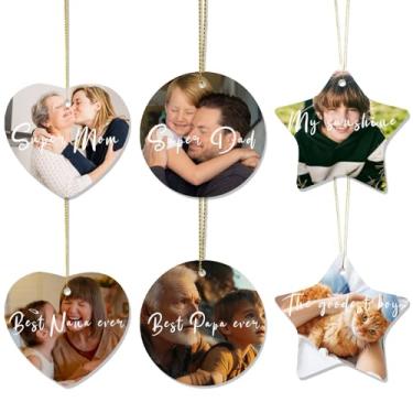 Imagem de 6 peças de enfeites de Natal personalizados com foto e texto - Decoração de árvore dupla face 2025 para Natal, casamentos, para família, animais de estimação