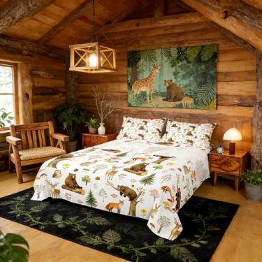 Imagem de Castle Fairy Jogo de lençol solteiro fofo urso veado, raposa, coelho, planta, floral, animal selvagem, casa de fazenda, para quarto de meninos e meninas, lençol de cima, lençol com elástico 3 peças