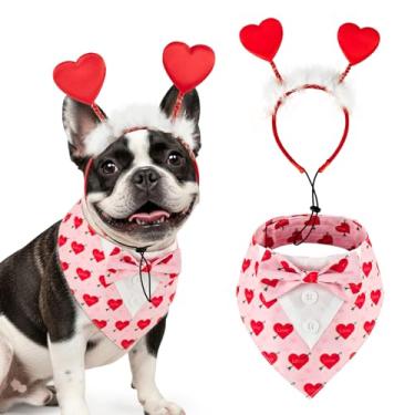 Imagem de Conjunto de fantasia de cachorro com estampa de coração vermelho dos namorados com estampa de flecha do amor, smoking vermelho com penugem branca, tema do dia dos namorados, roupa romântica de férias