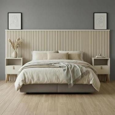 Imagem de Cabeceira Ripada Casal Queen e Mesa Retrô Off White - Repleta