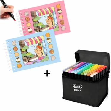 Imagem de Kit Marcadores Artísticos com Ponta Dupla 48 Cores + Livro de Colorir Capa Dura 50 Páginas, Canetinhas à Base de Álcool, Ambidestro, Múltiplas Cores (6, Azul)