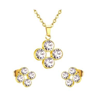 Imagem de Conjunto De Joias Femininas Em Aço Inoxidável Com Flor E Zircônia Cúbi