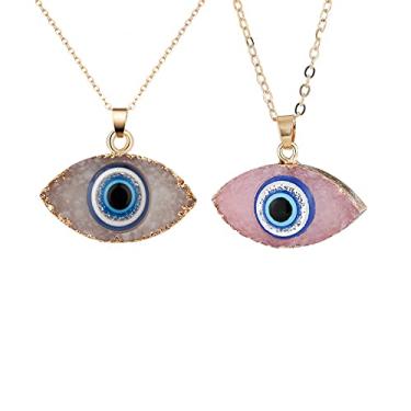 Imagem de COLORFUL BLING Colar clássico turco Evil Eye imitação de drusa pingente banhado a ouro fé proteção da fé joia da sorte para mulheres e meninas festas dias especiais, Metal Resina