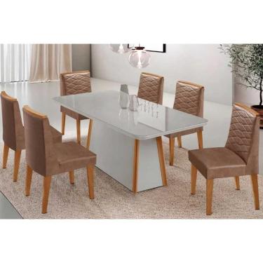 Imagem de Conjunto: Mesa de Cozinha Tilia Curvo 180cm + 6 Cadeiras Maldivas Madeira Naturale/Off White - Capuccino/Corano Capuccino - Rufato