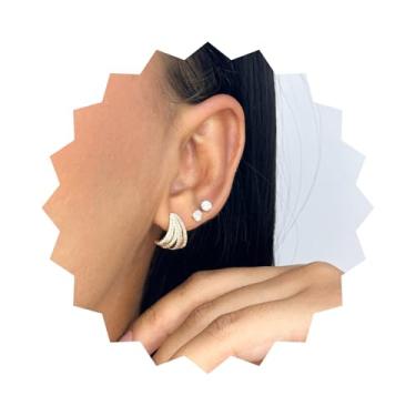 Imagem de ROHNES Brinco Ear Hook Triangular Cravejado Folheado a Ouro 18k, Dourado, Aço Inoxidável, Zircônias