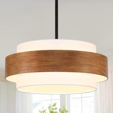 Imagem de Lustre de fazenda de 19,7 polegadas, lustre de tambor de 5 luzes, luminária pendente redondo com sombra de tecido, lustres rústicos de grão de madeira para sala de jantar, quarto, sala de estar, hall