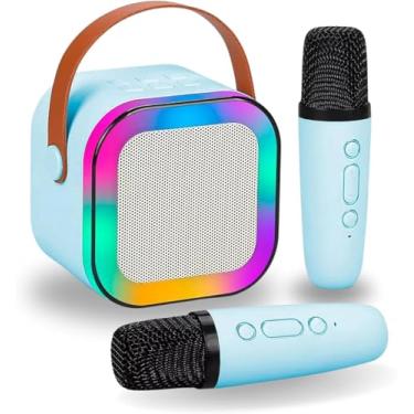 Imagem de Karaokê Infantil com Alto-Falante LED Multicolorido, Dois Microfones Sem Fio, Portátil, Bluetooth, para Crianças (azul)