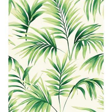 Imagem de Papel de parede Tropical Leaf Peel and Stick, papel de contato botânico de selva bege/verde, folhas vintage, boho, papel de parede, autoadesivo, removível, impermeável, para prateleiras de quarto