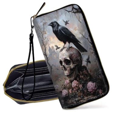 Imagem de Carteira feminina com bloqueio de RFID – Bolsa de couro PU fina com zíper, linda bolsa de cartão de crédito, Crânio corvo e rosas