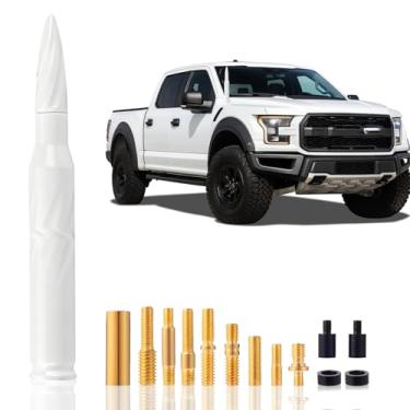 Imagem de Antena bala de liga de alumínio espiral 50 Cal carro caminhão acessórios Silverado 1500 F150 F250 F350 Mustang Explorer 1500 Sierra 1500 caminhonete antena de substituição curta (14 cm branco)