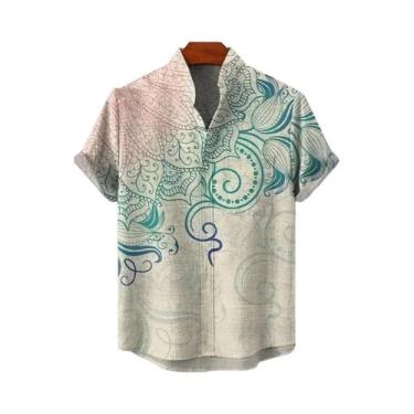 Imagem de Camisa Masculina Vintage De Linho Com Manga Curta E Estampa De Mandala