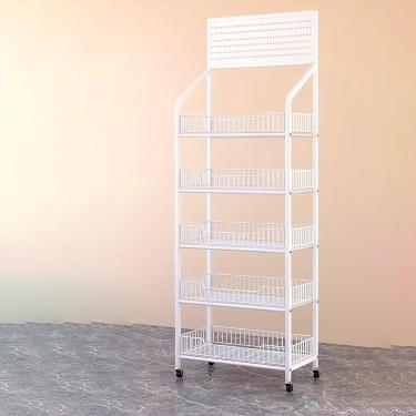 Imagem de Prateleiras De Exibição De Varejo De 4 Camadas / 5 Camadas, Prateleira De Supermercado Comercial 3/4/5, Prateleira De Mercearia Extra Alta Com Gancho, Com Gancho E Roda U, White, 60 * 27 * 165cm