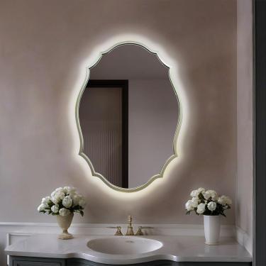 Imagem de Espelho Led Espelho De Banheiro Francês Espelho De Parede Barroco Regulável De 3 Cores Espelho De Vaidade Irregular Espelho Decorativo Antigo Dourado Com Interruptor De Toque, Champagne+led, 60*90cm