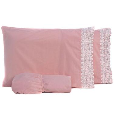 Imagem de Jogo De Cama Casal Padrão 03Pçs Percal Liso 200 Fios Rosê