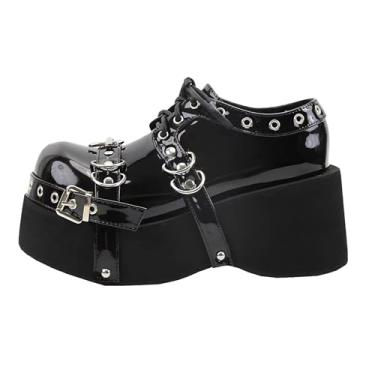 Imagem de Tênis feminino punk Mary Jane plataforma com corrente de laço rebite, casual, couro gótico, preto, bico redondo, salto grosso, jeans, saias para Halloween, viagem, festa, cosplay, encontros, - Estilo