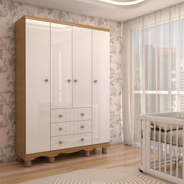 Imagem de Guarda-Roupa de Bebê Sueño 4 Portas 3 Gavetas 100% Mdf Branco Brilho/Amêndoa - Panorama Móveis