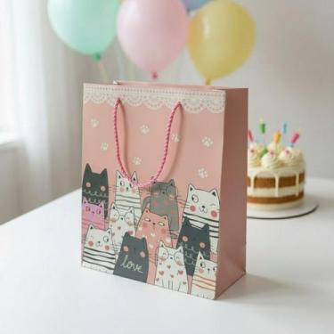 Imagem de Sacolas De Presente Infantil Festa Dos Gatinhos Papel Rígido Alta Defi