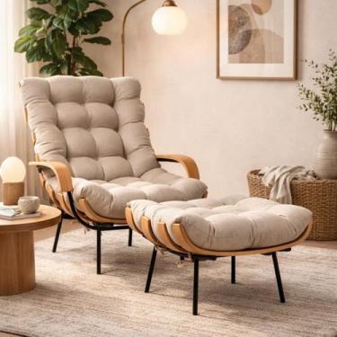 Imagem de Poltrona Costela Alta Com Braço E Puff Linho Acquablock Cor:Bege - Str