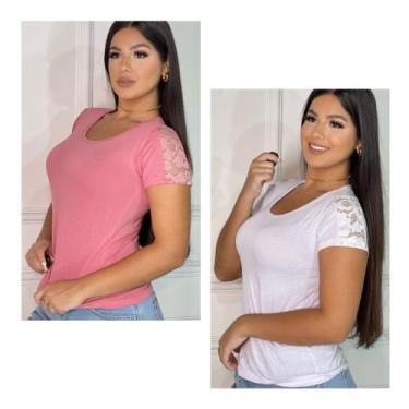 Imagem de Kit 02 Blusas detalhe de renda manga curta - GK TODA BELA, Rose, Branc