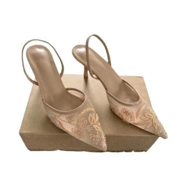 Imagem de Sandálias Elegantes Pretas De Salto Alto Com Bordado Em Tela E Tira Tr