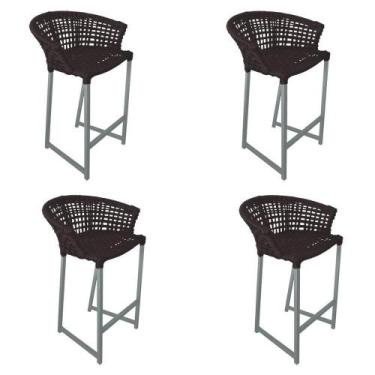 Imagem de Kit 4 Banquetas Reis Em Corda Náutica E Base Em Alumínio Cinza Para ár