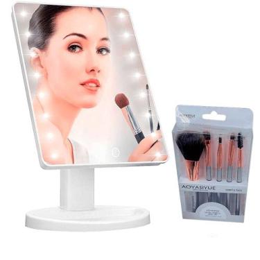 Imagem de Kit Espelho Maquiagem LED Touch + Pincéis Profissionais 5 Peças - SM