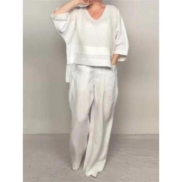 Imagem de Conjunto Feminino Casual de Algodão e Linho, Blusa de Manga Três Quart