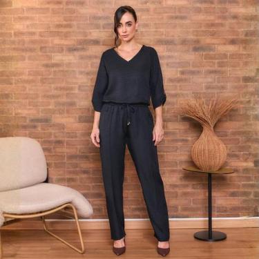 Imagem de Conjunto Duna Linho Blusa Elástico Barra / Calça com Friso Cor:PretoTa