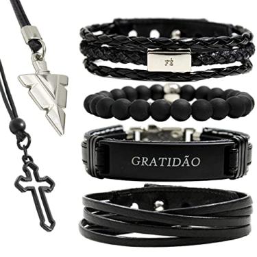 Imagem de Pulseiras Masculinas Kit C/4 GRATIDÃO + 2 Colares Cruz e Flecha Premium (19cm)