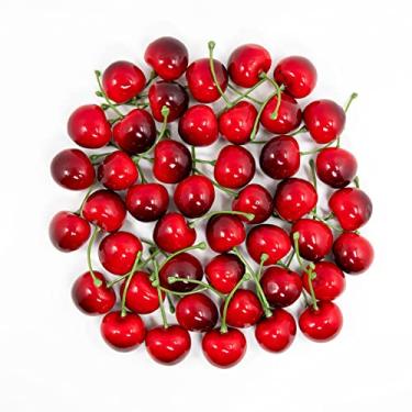 Imagem de WangLaap 50 peças de cerejas artificiais vermelhas pretas 30 mm simulação realista cereja frutas falsas para decoração de casa e cozinha (vermelho e preto)