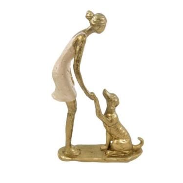 Imagem de Enfeite Estatua Mulher Com Pet 24X16X5Cm Dourado Cachorro