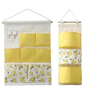 Imagem de 2 pacotes de bolsos de armazenamento sobre a porta, sacos de armazenamento pendurados, organizador de linho de algodão, porta de parede, armário de porta de parede, 7 e 3 bolsos, organizador de casa para quarto e banheiro (limões)