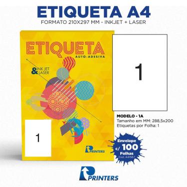 Imagem de 100 Folhas de Etiqueta Tamanho A4  Inkjet/laser  288,5 mm X 200,0 mm  Caixa com 100 Folhas e 100 Etiquetas PRINTERS