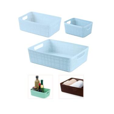 Imagem de Kit 3 Cestos Organizadores Multiuso Rattan Home Organizer P-M-G Cor: Azul