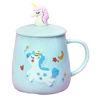 Imagem de Caneca de unicórnio com colher de tampa 3D linda xícara de chá de café de cerâmica conjunto de caneca presente de aniversário para mulheres amantes de amigos (unicórnio azul 3D, 400 ml)