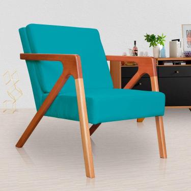 Imagem de Poltrona Decorativa Braços de Madeira Sala de Estar Monalisa Suede Azul Turquesa - LM DECOR