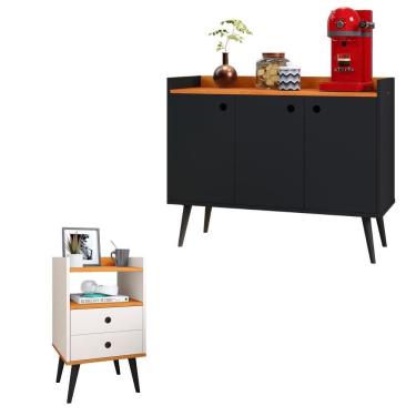 Imagem de Kit Cozinha Cantinho Café Aparador Buffet Decoração Sala Quarto Mesinha Cabeceira Mesa Lateral 2 Gavetas Retrô - RPM Móveis