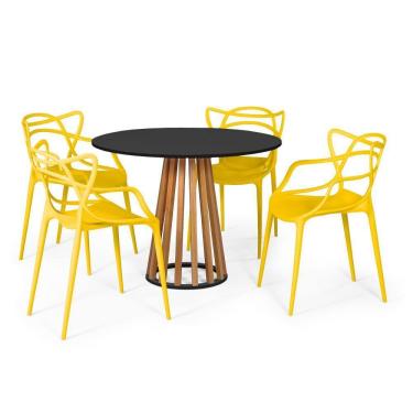Imagem de Conjunto Mesa de Jantar Redonda Preta 100cm Talia Amadeirada com 4 Cadeiras Allegra - Amarelo