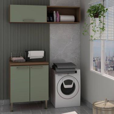 Imagem de Conjunto para Área de Serviço com Balcão 2 Portas e Armário Aéreo Acquaflex Relax Ébano/Verde Alecrim