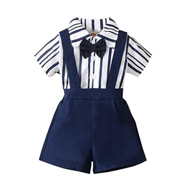 Imagem de Baby Boy Checklist Camiseta infantil meninos manga curta listrada estampas tops suspensórios shorts crianças 4t (azul-marinho, 6-9 meses)