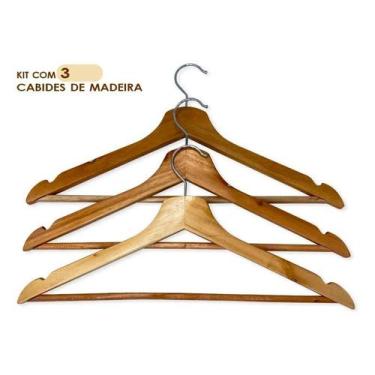 Imagem de Kit 3 Cabides Madeira Marfim Verniz Adulto Barra Blusa Calça - Wincy