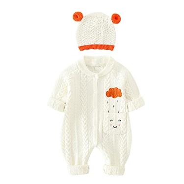 Imagem de Macacão infantil de malha de algodão de manga comprida para meninos e meninas roupas de bebê macacão de urso chapéu de orelha, Branco, 0-3 Meses