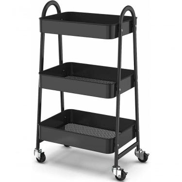 Imagem de Prateleira Carrinho Organizador De Metal Multiuso Preta 3 Andares - 46*30*77cm Com Rodinhas