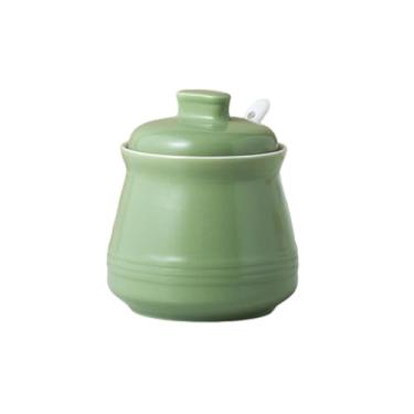Imagem de YMYL Açucareiro de cerâmica com tampa e colher, pote de açúcar de porcelana de 340 g para cafeteria, recipiente de sal e pimenta, decoração de cozinha e acessórios (verde)