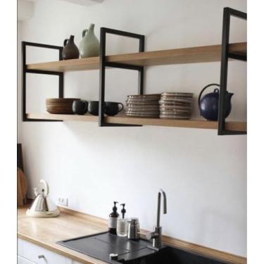 Imagem de Prateleira Estilo Industrial Dupla Flutuante Ferro MDF Cozinha Escritório Sala (100cm)