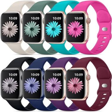 Imagem de DaQin Pacote com 8 pulseiras esportivas compatíveis com Apple Watch de 38mm 40mm 44mm 45mm 46mm 42mm 41mm 49mm para mulheres e homens, pulseiras de silicone macio para Apple Watch SE iWatch Séries 10