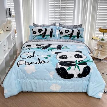 Imagem de Wajade Jogo de cama solteiro com estampa de panda infantil, 7 peças, azul, 3D, com nuvens de bambu (1 edredom, 1 lençol de cima, 1 lençol com elástico, 2 fronhas e 2 fronhas)