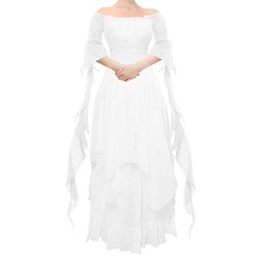 Imagem de YEAXLUD Vestido vitoriano feminino, manga bufante, ombro de fora, babados, plus size, fantasia medieval para mulheres vestido renascentista, Branco, G