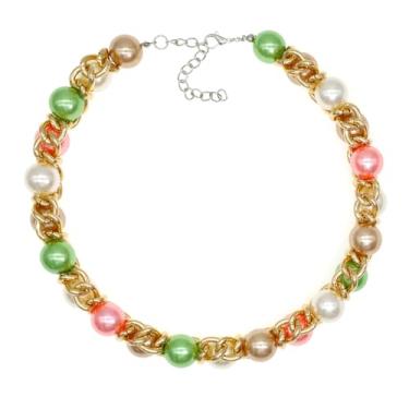 Imagem de Colar gargantilha de pérolas coloridas grandes para mulheres, corrente de elos banhados a ouro, babador grosso, colar de pérola artesanal, bijuteria de fantasia, Pérola, Pérola sintética
