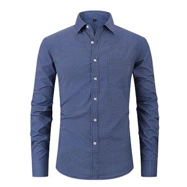 Imagem de Camisa social masculina de manga comprida slim fit abotoada xadrez bolso camisetas macias e confortáveis, Azul-escuro, 3G
